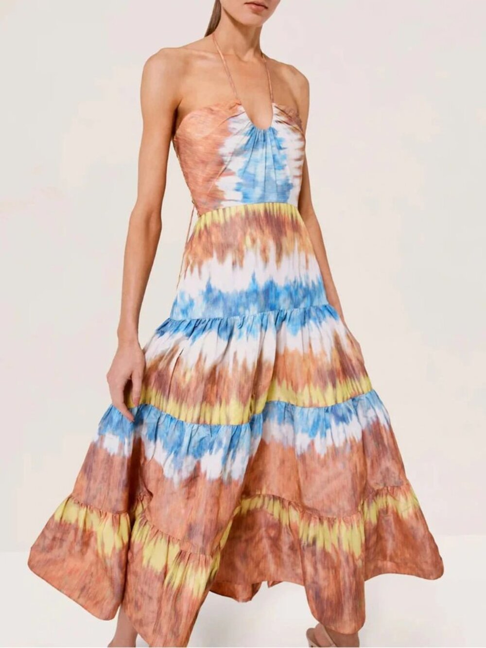 Alexis Roberta Halter Midi Dress Tiered Tie Dye in Sunset Desert Indigo M